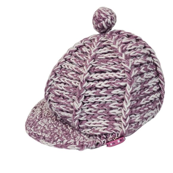 Ladies OS Fall Winter Warm Cozy Cable Knit Wool Riding Cap Purple White Pom Pom - Picture 2 of 16